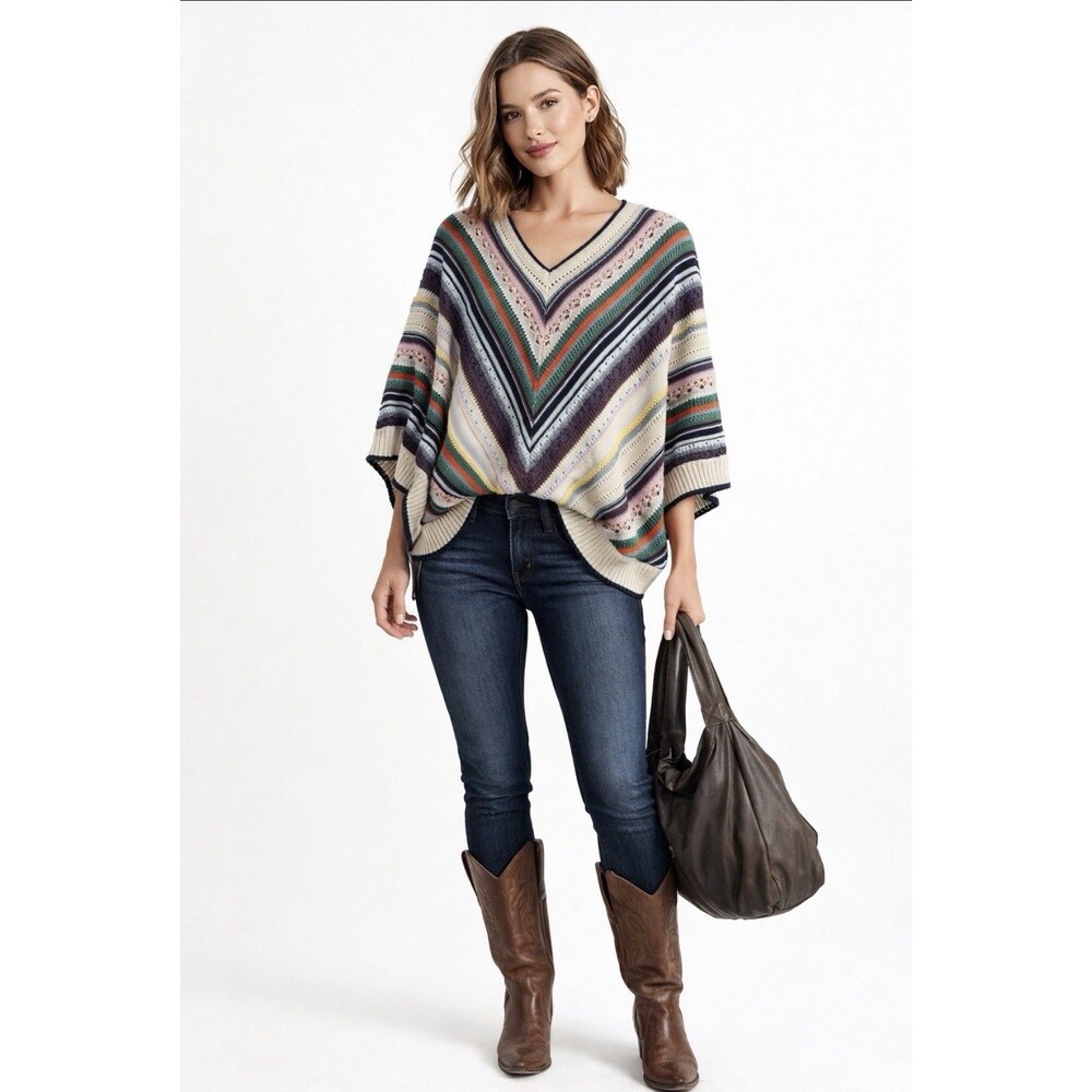 Democracy Multicolor Crochet Knit Poncho Sweater S/M Boho V-Neck Oversized